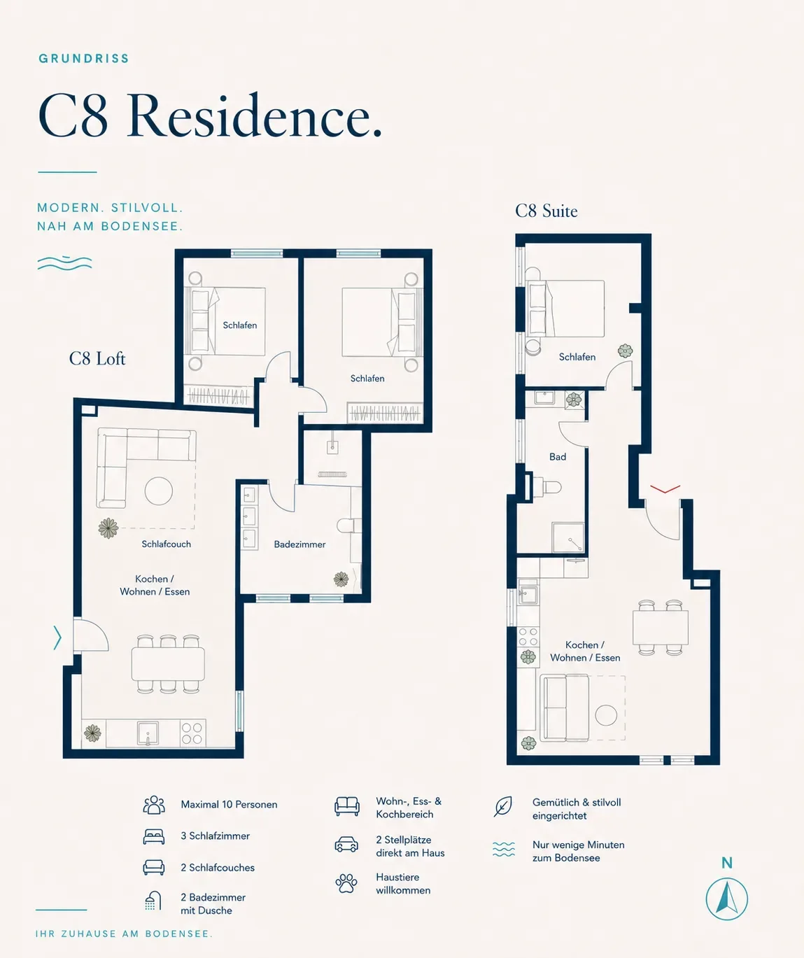 Zwei schematische Grundrisse der C8 Residence (C8 Loft links, C8 Suite rechts) mit Raumbezeichnungen und Legende