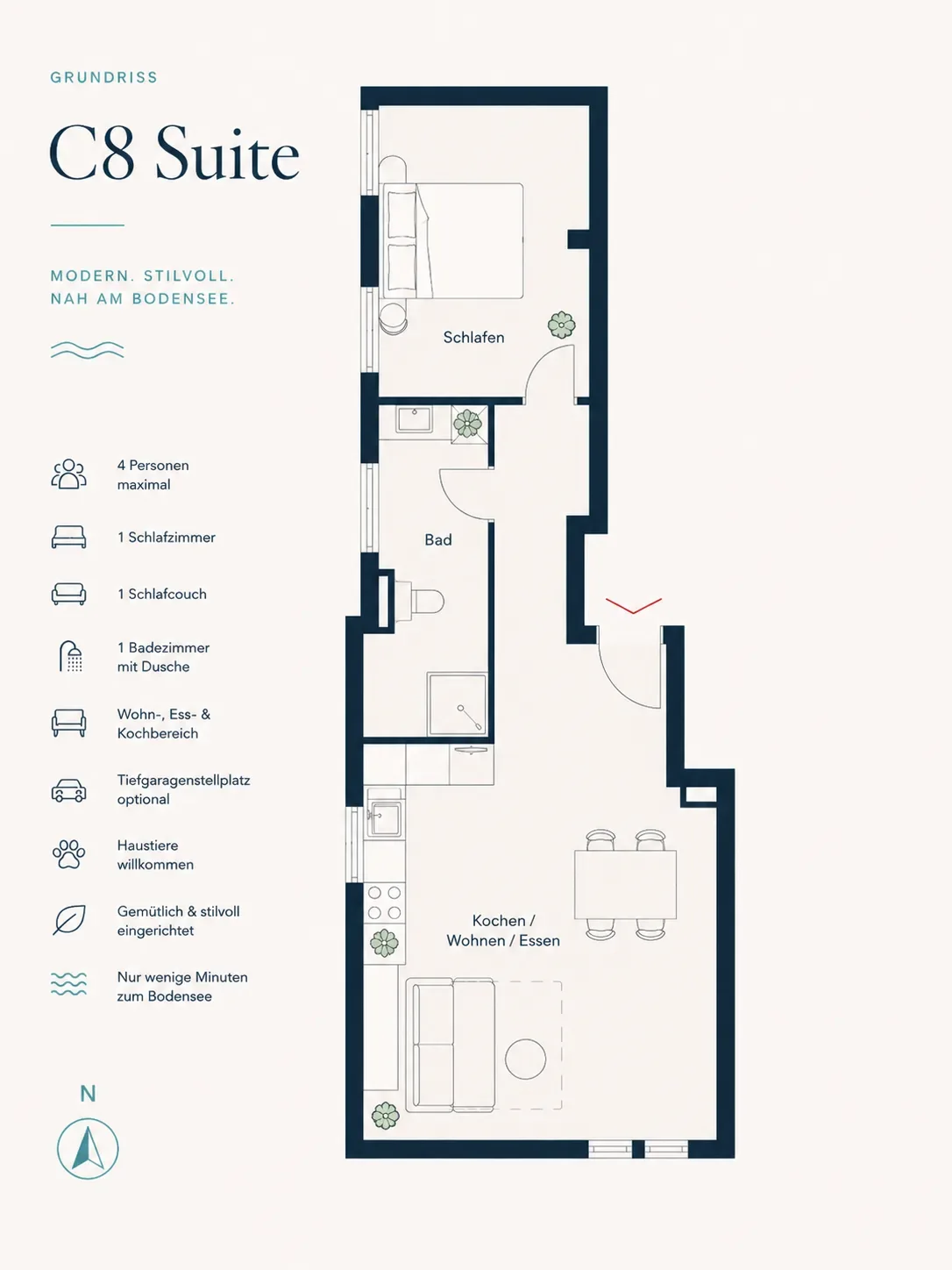 Grundriss der C8 Suite mit Schlafzimmer, Bad und offenem Koch-/Wohn-/Essbereich